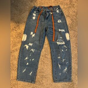 Distressed barrel Blue Jeans with Orange Accents